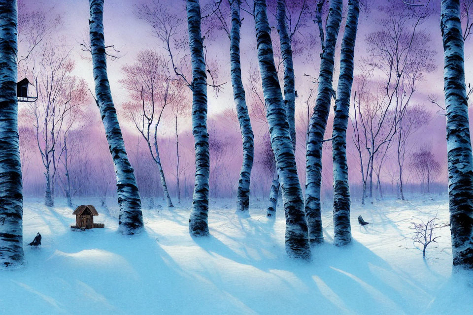 Snowy birch forest at twilight with shadows, birdhouse on tree, birds on ground