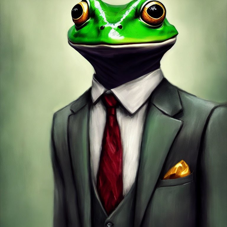 Frog in gray suit with red tie and pocket square