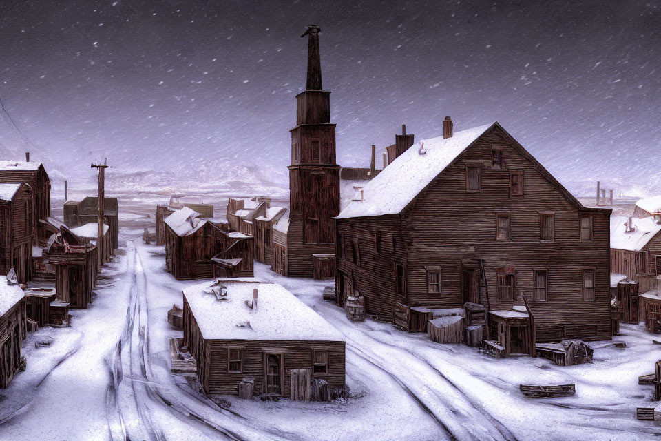Snowy abandoned village with wooden buildings and church spire in overcast weather