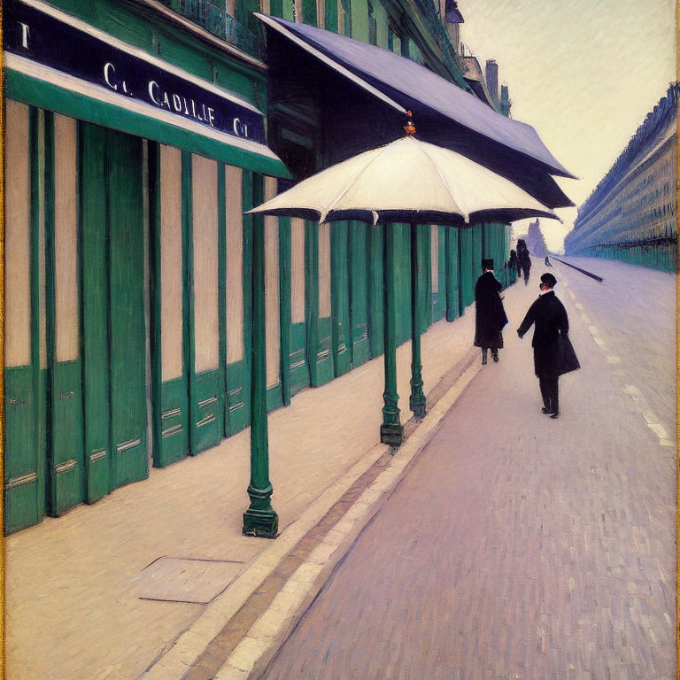 Impressionistic painting of two figures with parasol walking by green storefront shutters