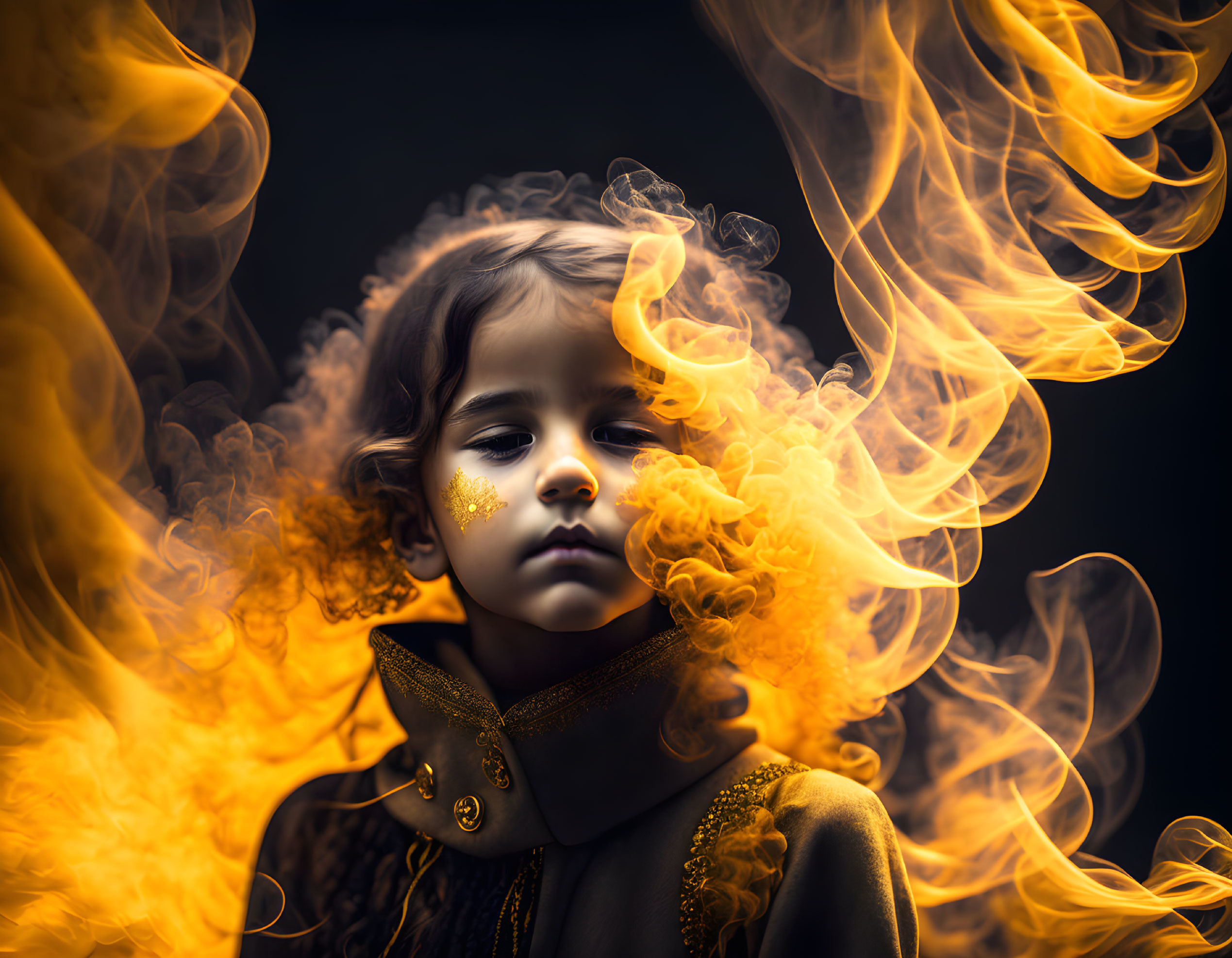 Child in Dark Embellished Outfit Amid Orange Flames