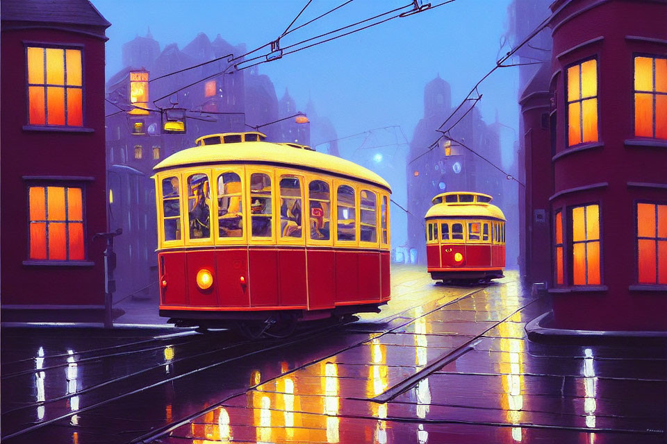 Vintage red and yellow trams in misty cityscape at twilight