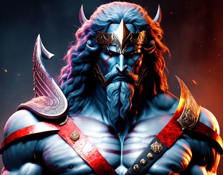 Blue-skinned fantasy character with horns and warrior helmet wielding axes in fiery setting