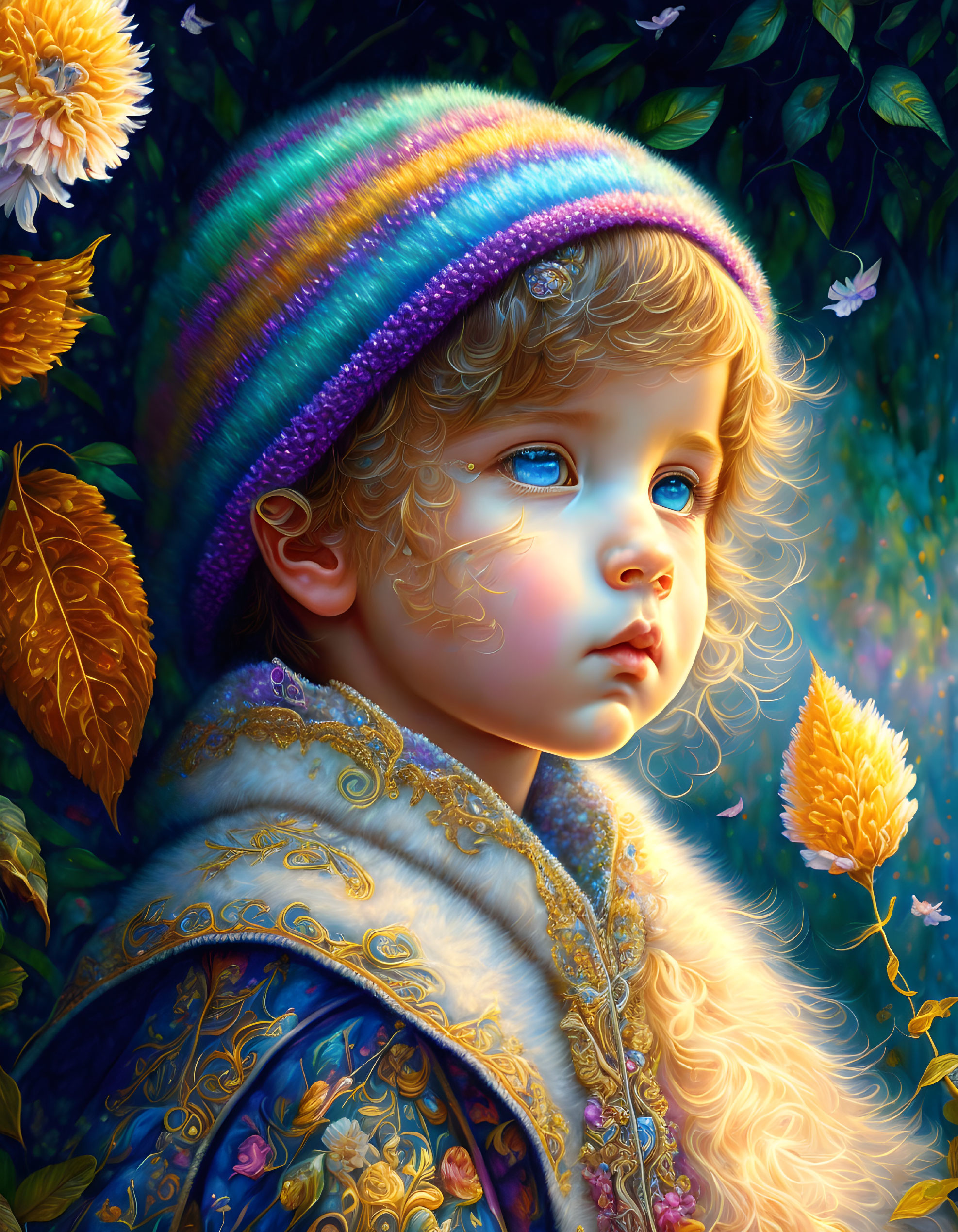 Child with Blue Eyes in Colorful Knit Cap and Embroidered Jacket in Magical Forest