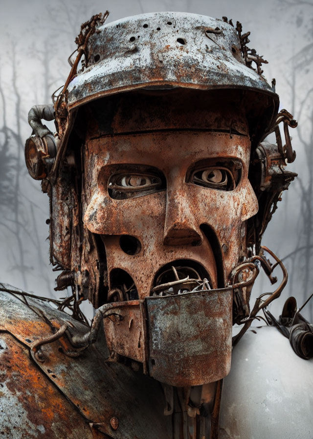 Weathered metal helmet on rustic robotic head with humanoid face against foggy backdrop