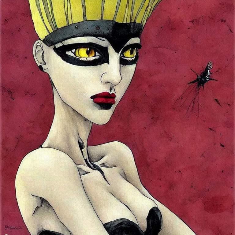 Stylized drawing of female figure with yellow eyes and red lips