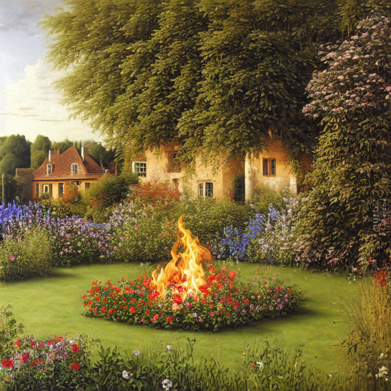 Tranquil painting of a cozy house with lush gardens and bonfire in foreground