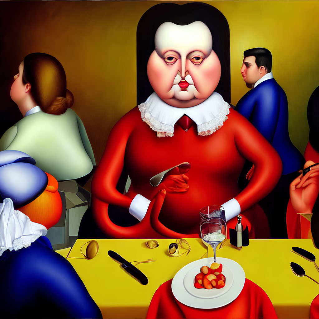 Colorful surreal painting of exaggerated characters at dining table