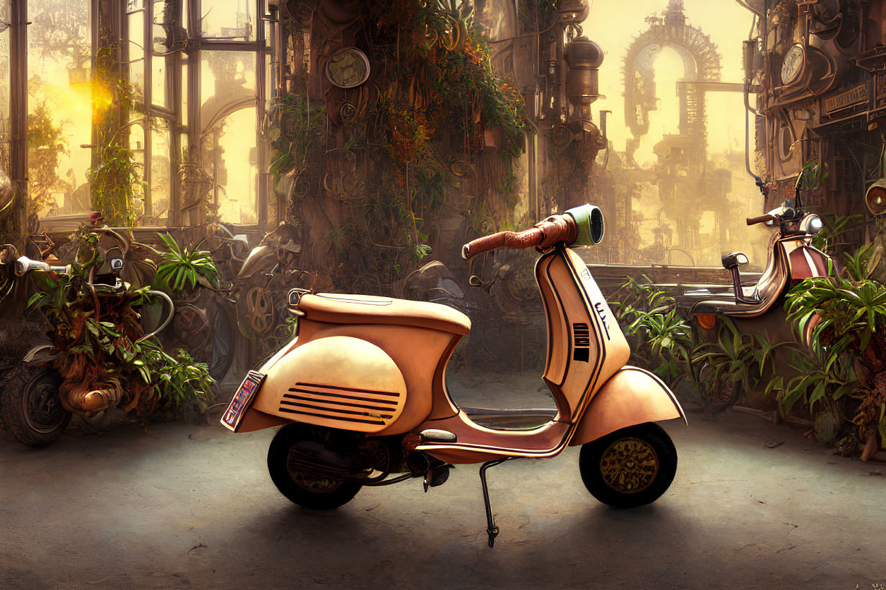 Vintage Vespa scooter in steampunk-inspired setting with lush greenery