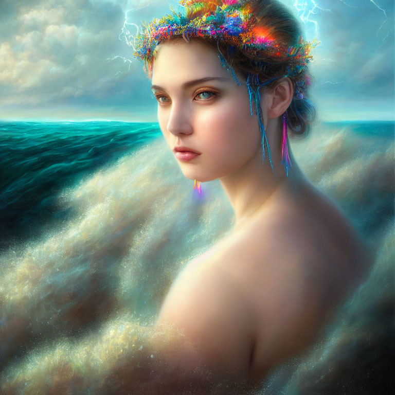 Colorful Sparkling Crown on Woman with Sea Wave-Like Hair