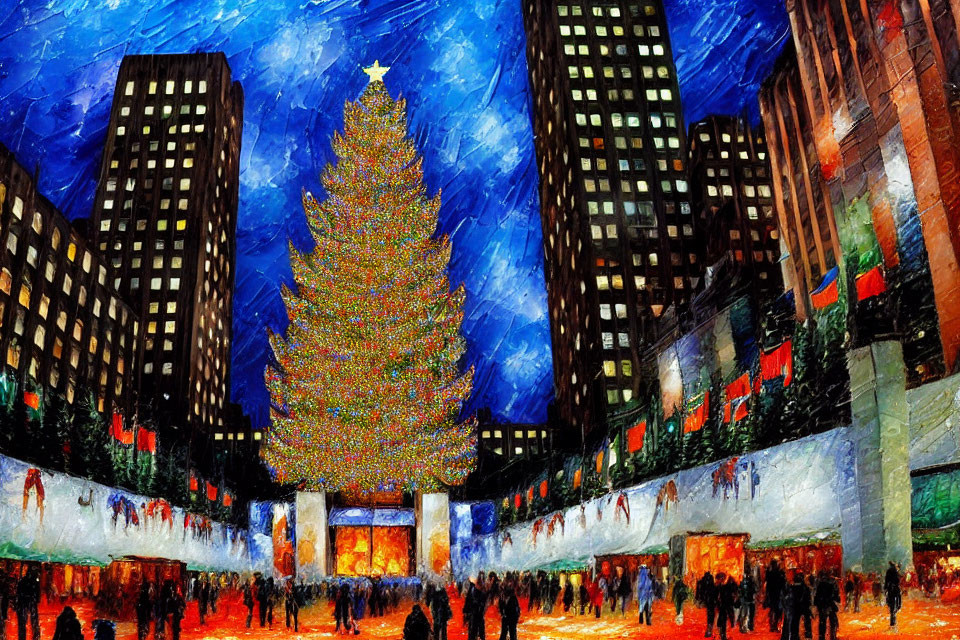 Rockefeller Center Christmas in snow at Night