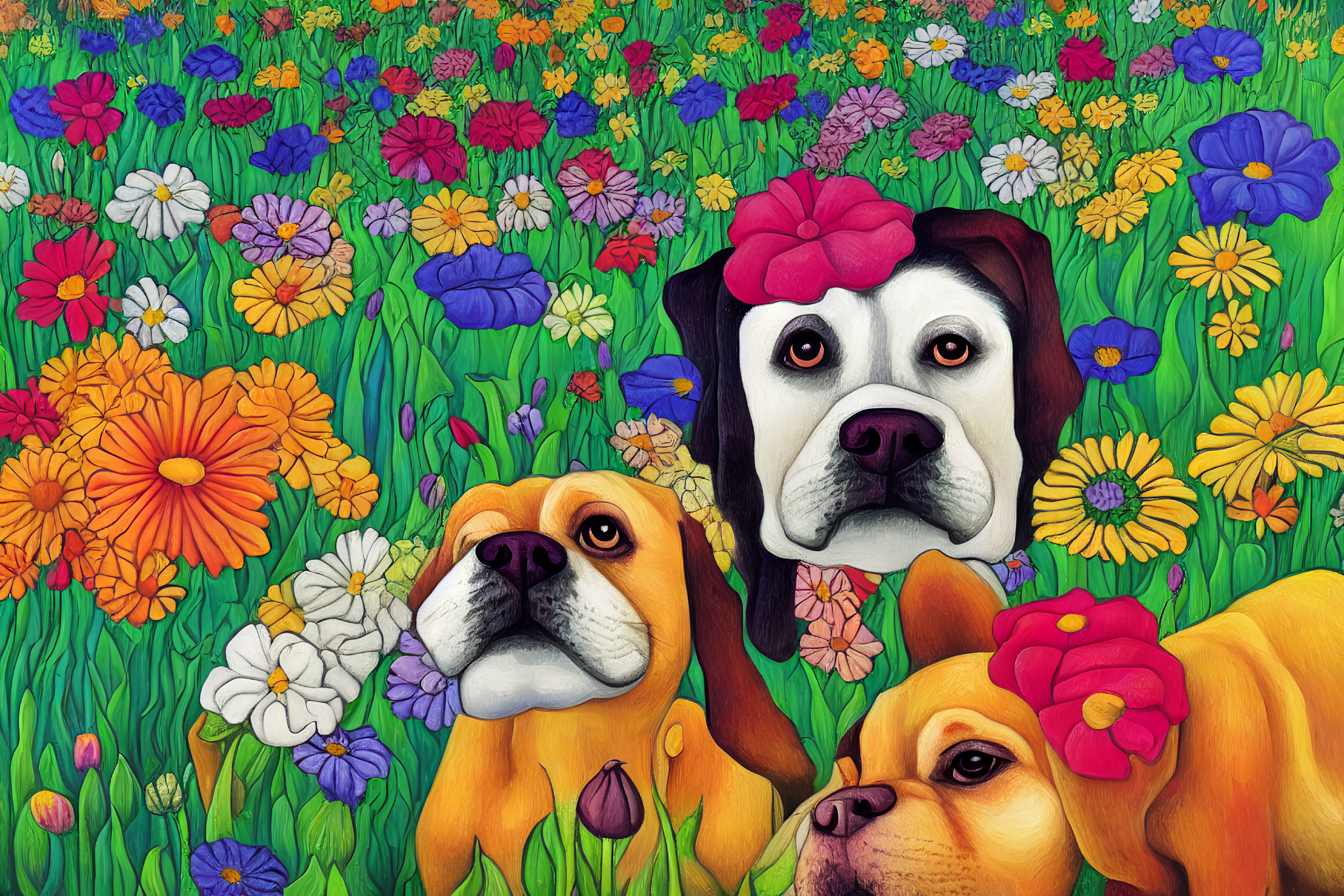 Colorful Bows Dogs in Vibrant Flower Field