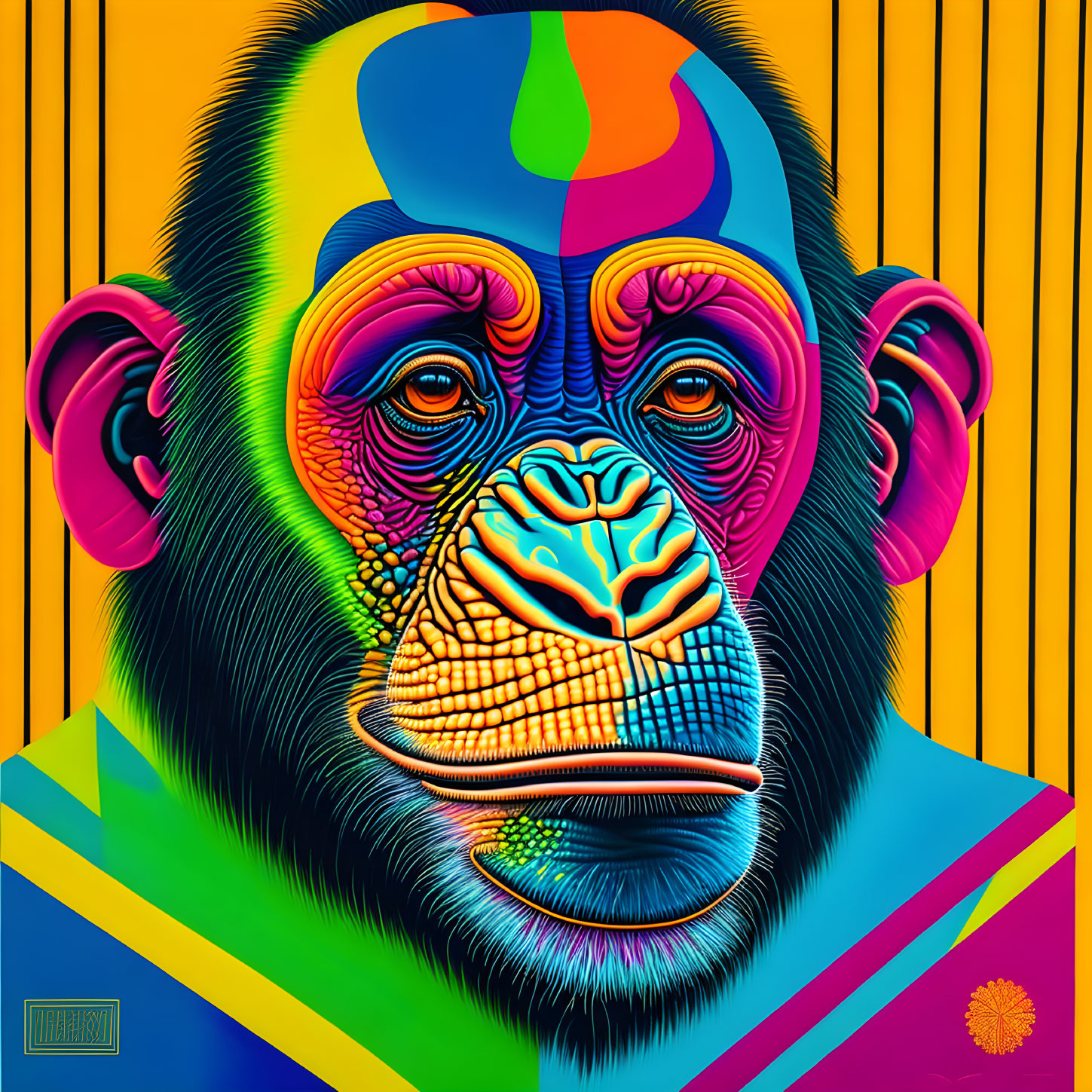 Colorful Pop Art Style Chimpanzee Face Illustration on Yellow Striped Background