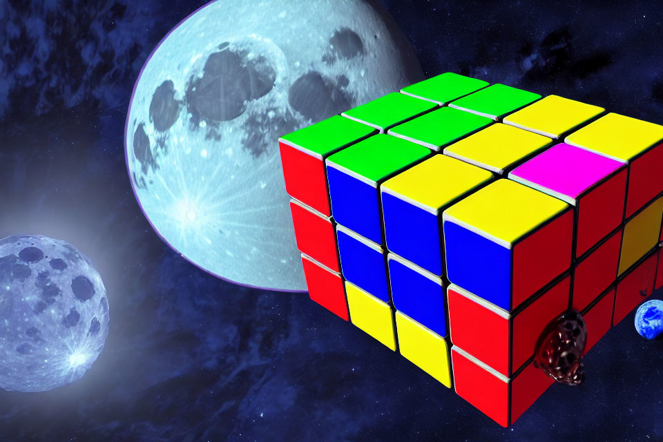 Colorful Rubik's Cube Floating Among Celestial Bodies