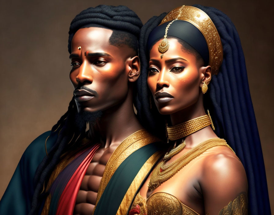 Regal African couple in traditional attire with headpiece and maang tikka.
