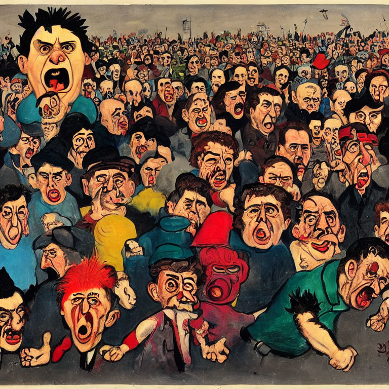 Vibrant caricature painting of diverse crowd with exaggerated expressions