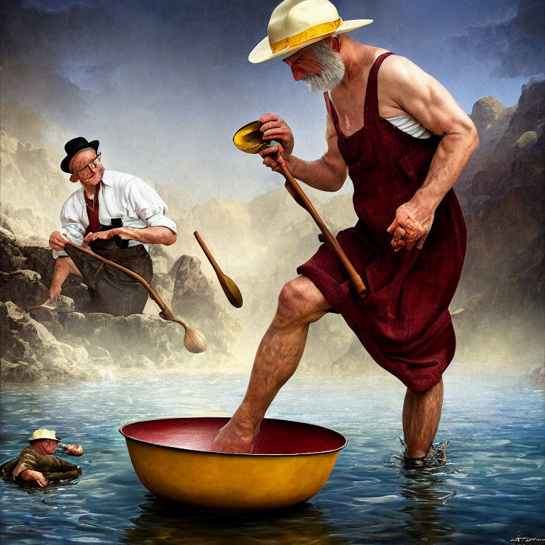 Elderly Men in Surreal Scene with Pans and Water