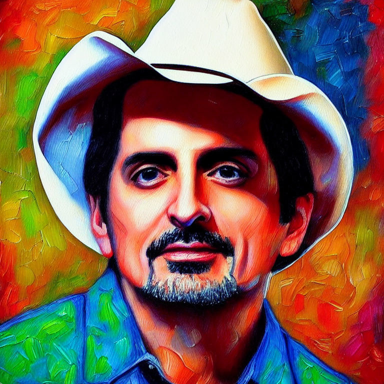 Vibrant portrait of man in cowboy hat against colorful backdrop