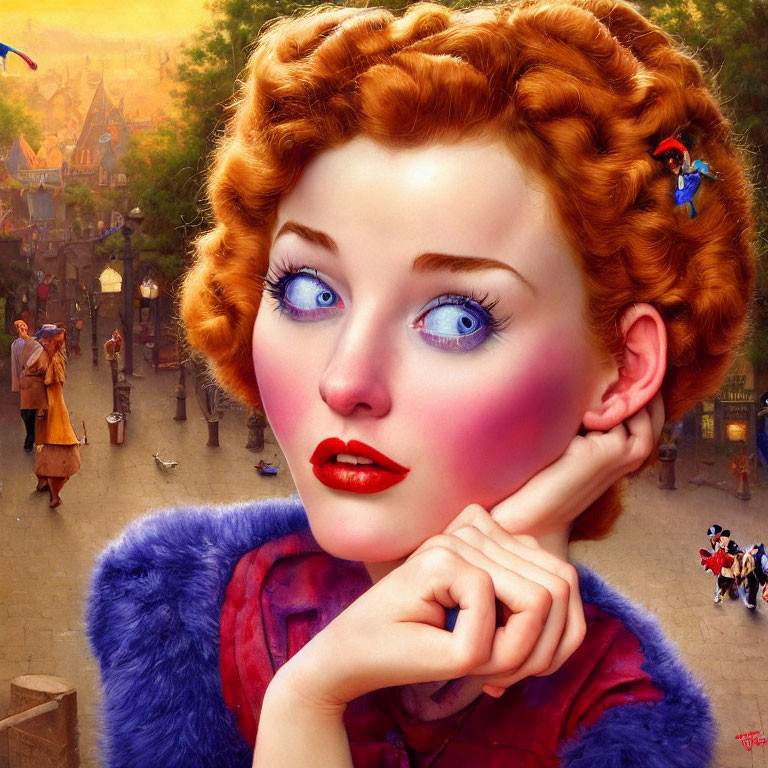 Animated woman with blue eyes and red hair in medieval village setting