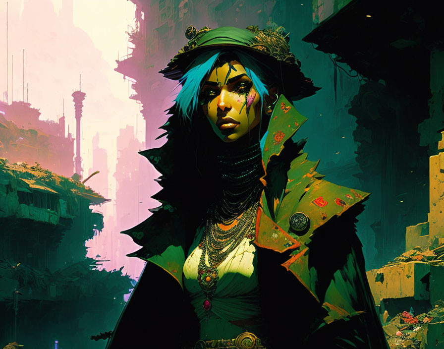 Blue-haired female character with tribal face paint and jewelry in futuristic cityscape.