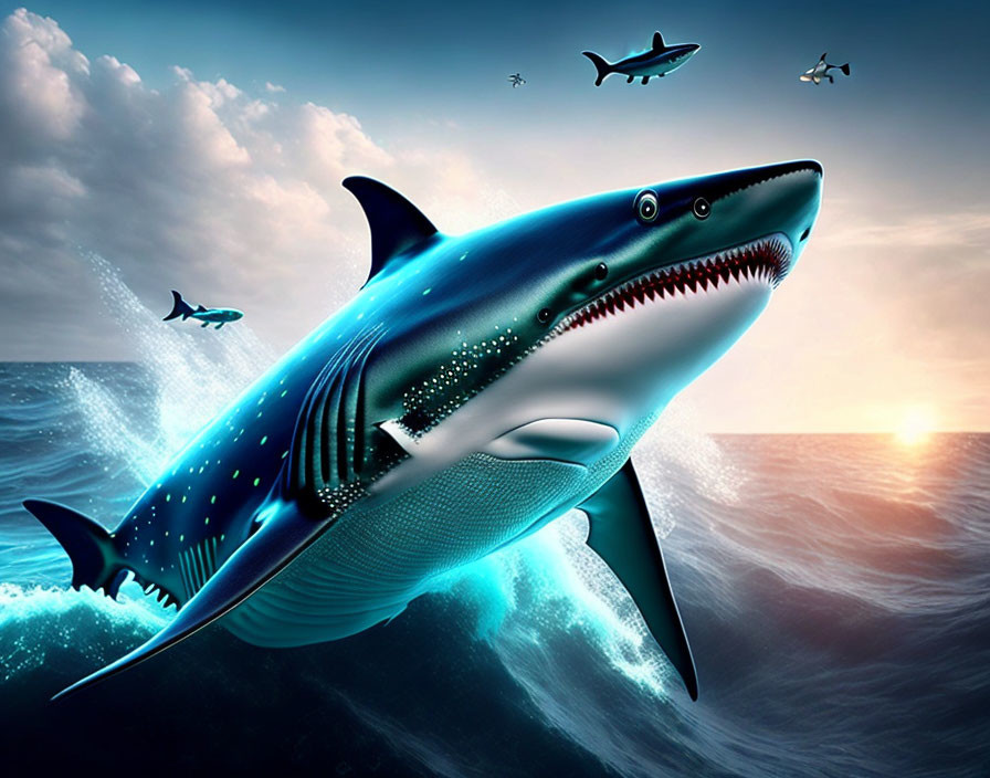 Digitally altered image: Oversized shark leaping from ocean at sunset