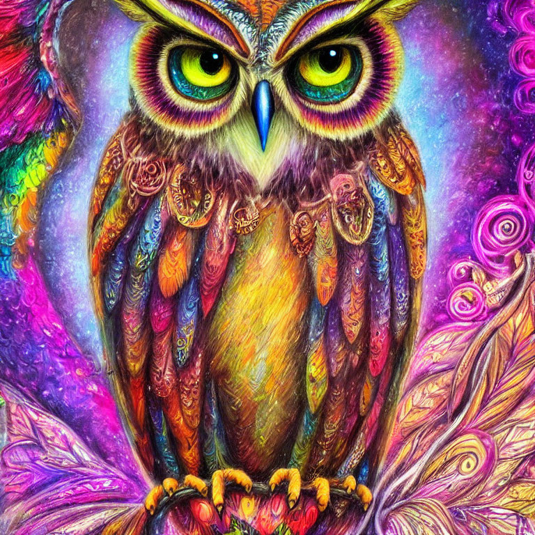 Colorful Owl Illustration with Psychedelic Background