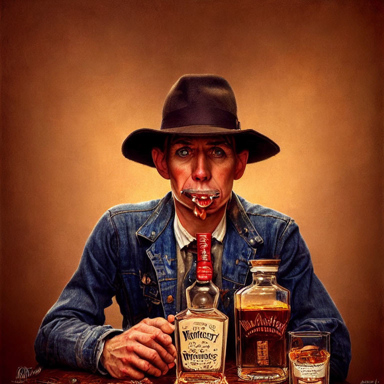 Wide-eyed man in hat and denim jacket sips drink through twisted straw-like mouth, with whisky bottles