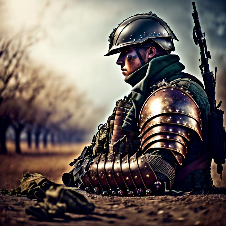 Historical soldier in armor with modern rifle against blurred natural backdrop
