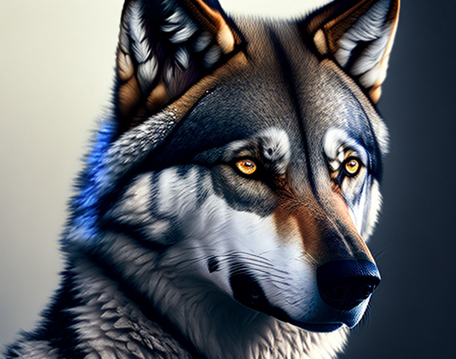 Detailed digital illustration of a wolf with intense gaze, intricate fur textures, gray and brown colors