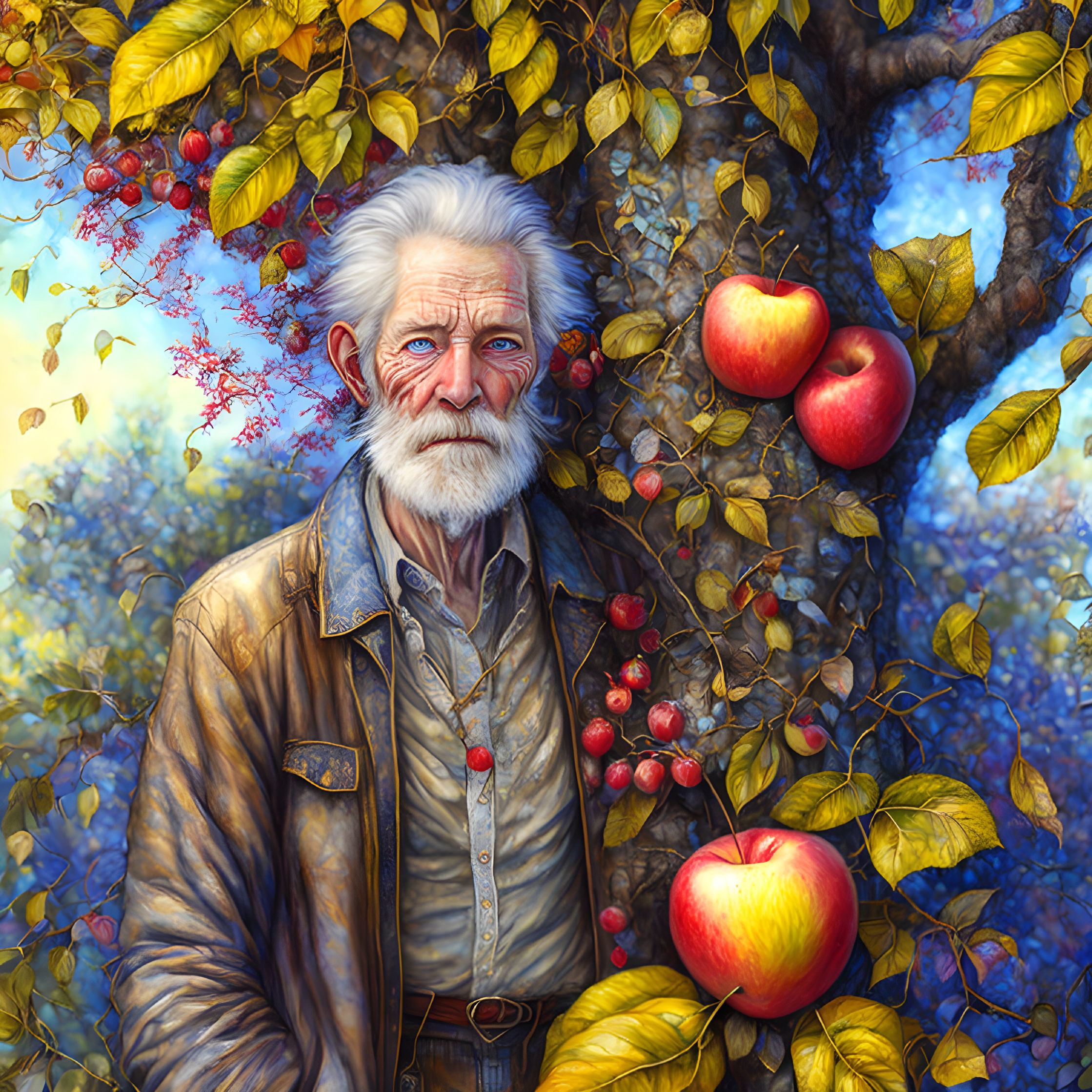 Elderly man with white hair and beard by apple tree full of red apples