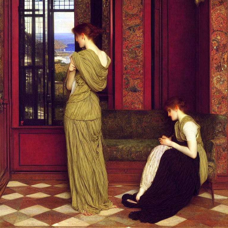 Two women in classical dresses in a richly decorated room with scenic view