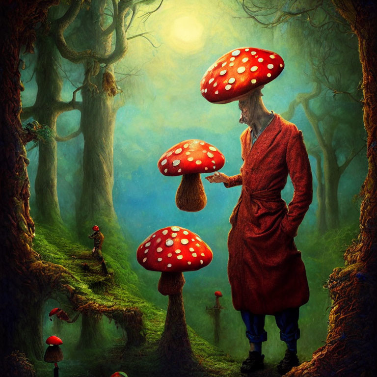 Person in Red Coat in Enchanted Forest with Oversized Mushrooms