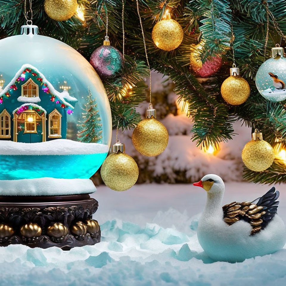 Christmas tree with snow globe, gold baubles, white goose in snowy scene