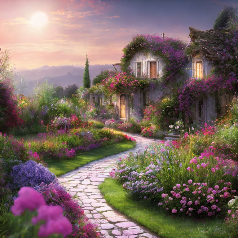 Stone Cottage with Ivy and Flowers, Sunset Garden Path, Mountains View