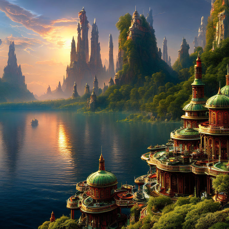 Mystical lake at sunset with ornate buildings and rock formations