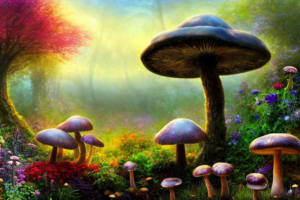 Vibrant enchanted forest glade with oversized whimsical mushrooms and colorful flora.