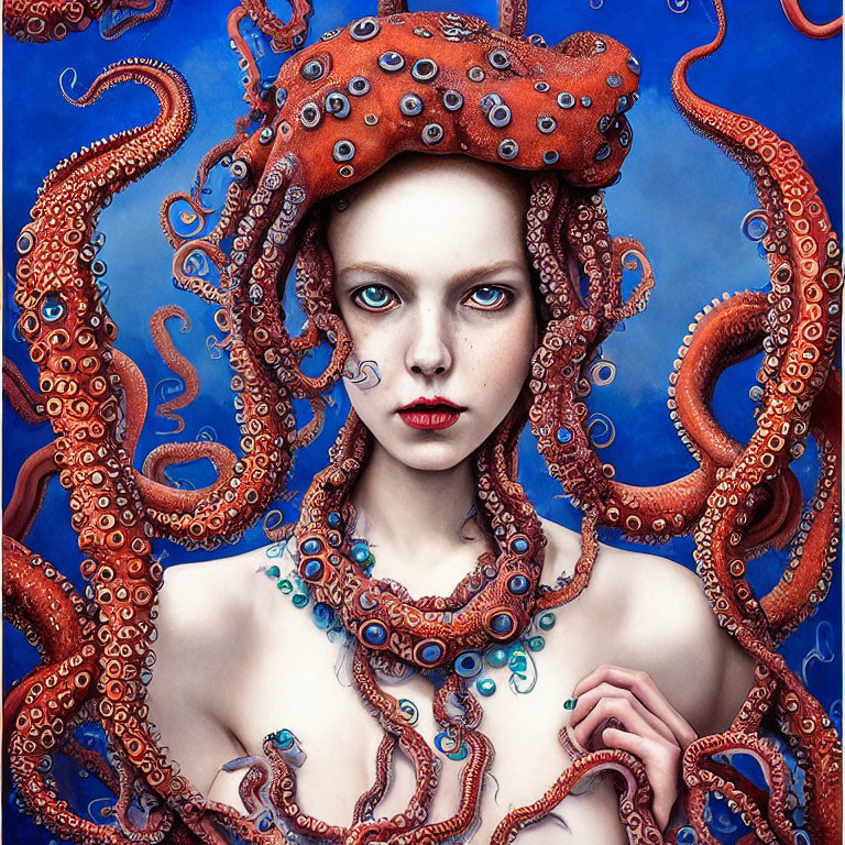 Portrait of woman with octopus tentacles and headpiece on deep blue background