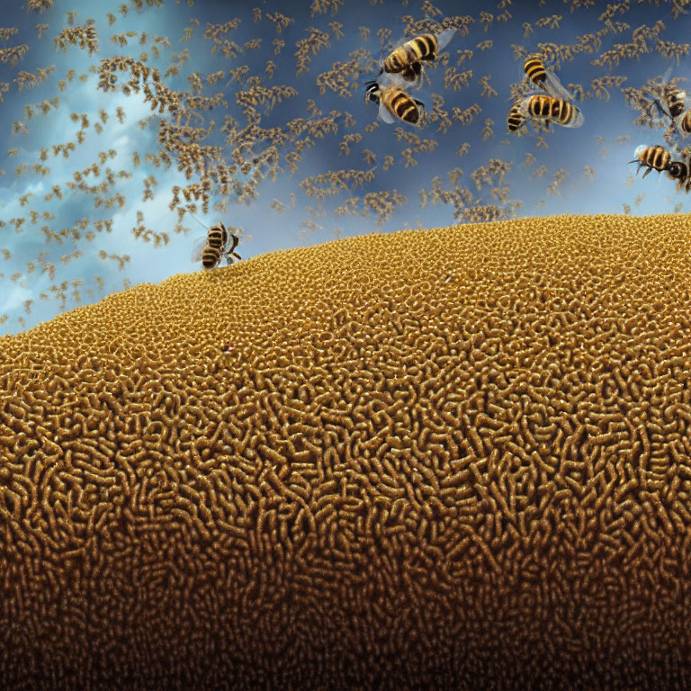 Swarm of Bees Flying Above Dome-Shaped Structure with Yellow and Brown Elements