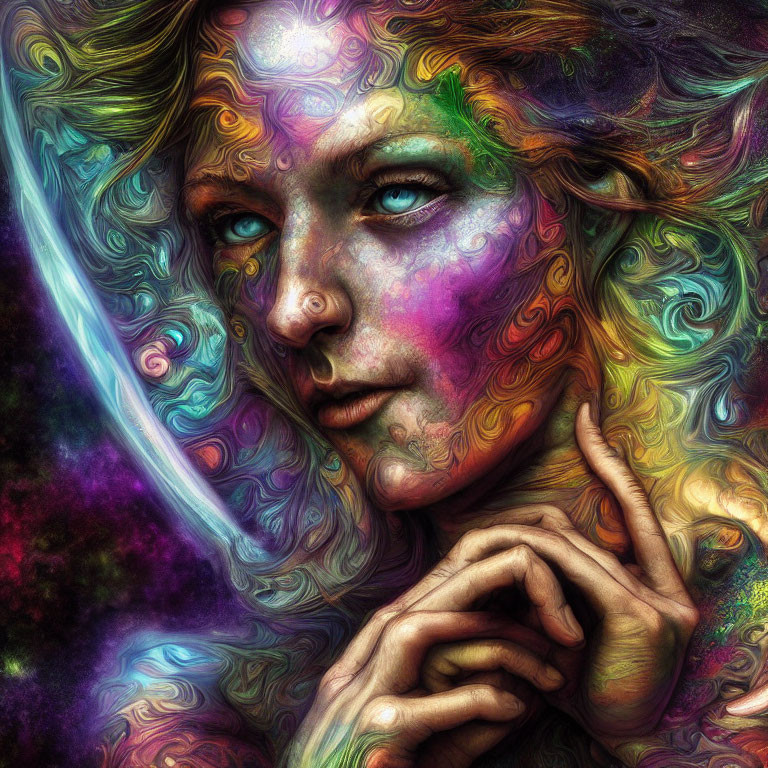 Colorful digital portrait of person with rainbow hair and cosmic vibe