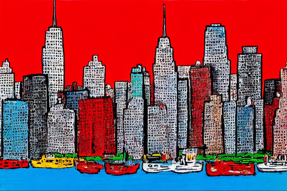 Colorful city skyline with skyscrapers, red sky, and boats on water.