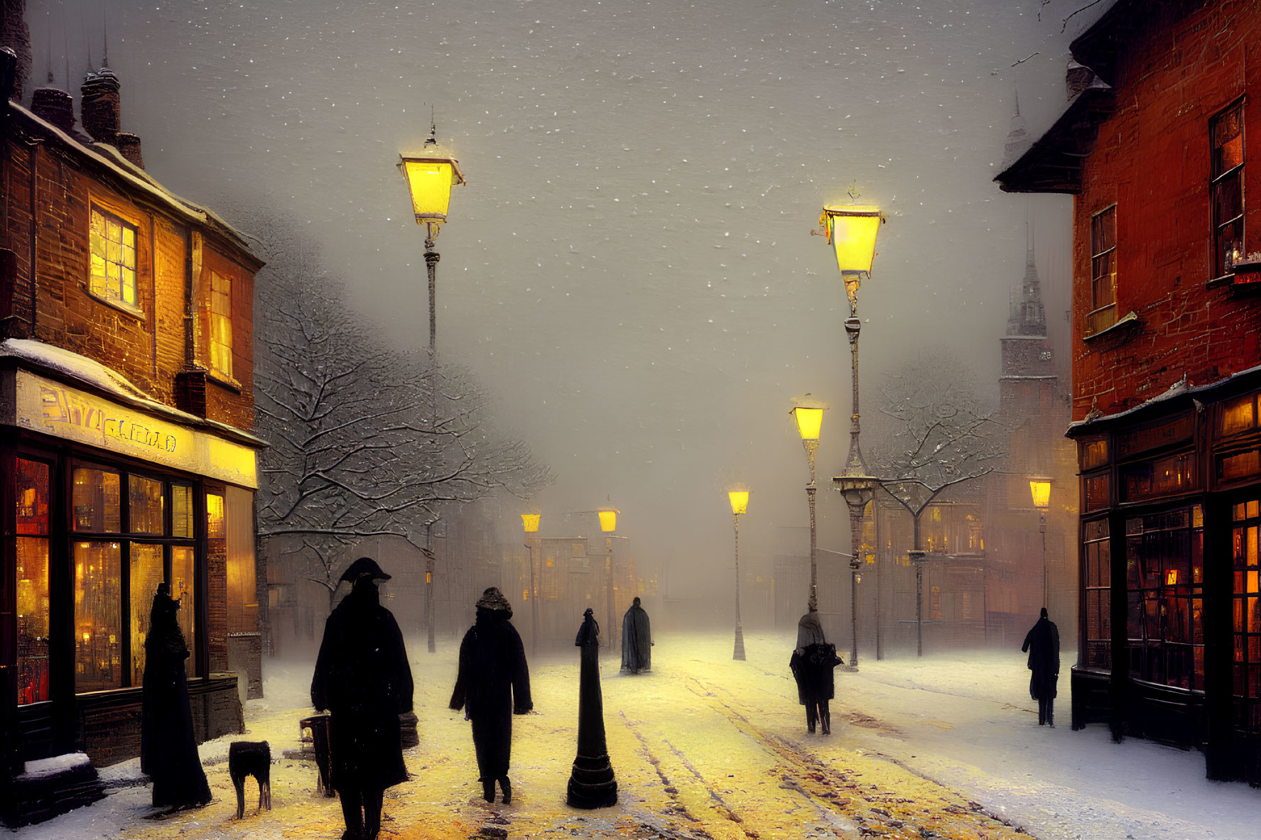 Vintage-style snowy evening street scene with lit lamps, pedestrians, and a dog.