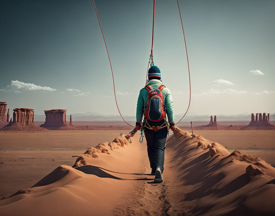 Person with winter hat and backpack walking on sand dune with ropes, rocky formations in background.