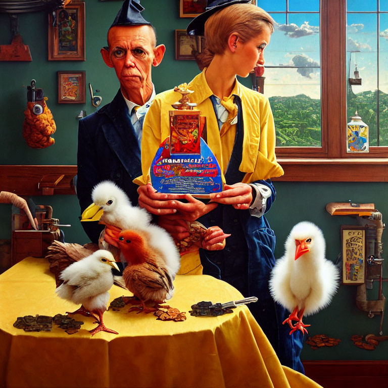 Colorful painting of woman with cereal box and man, surrounded by chicks and duckling.