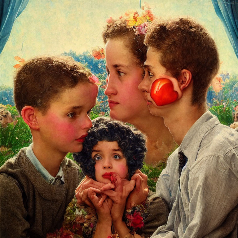 Stylized painting of four children with flowers, depicting various interactions