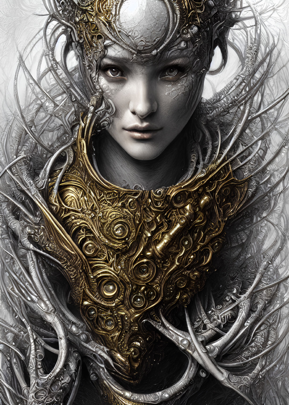 Detailed Illustration: Person in Golden Armor with Ornate Headpiece Amidst Silver Branches