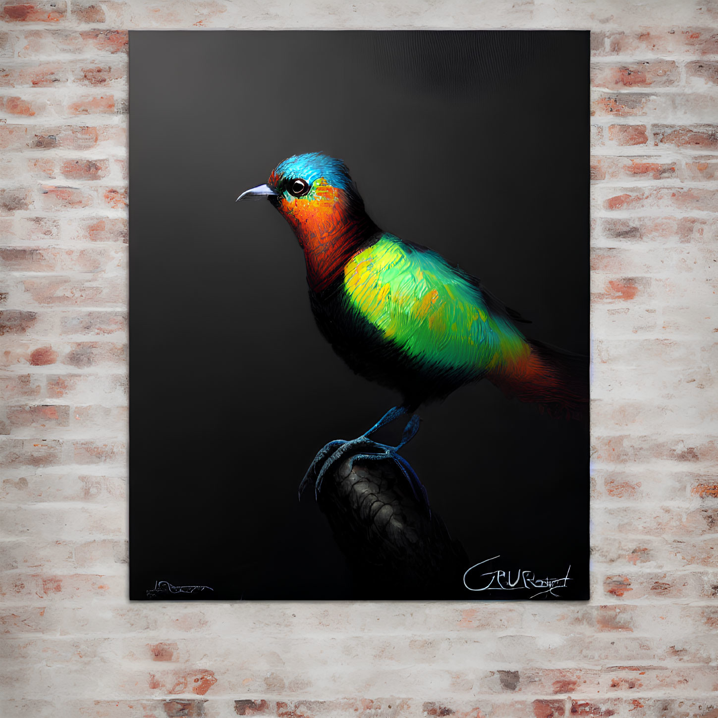 Colorful Bird Painting on Brick Wall with Signature
