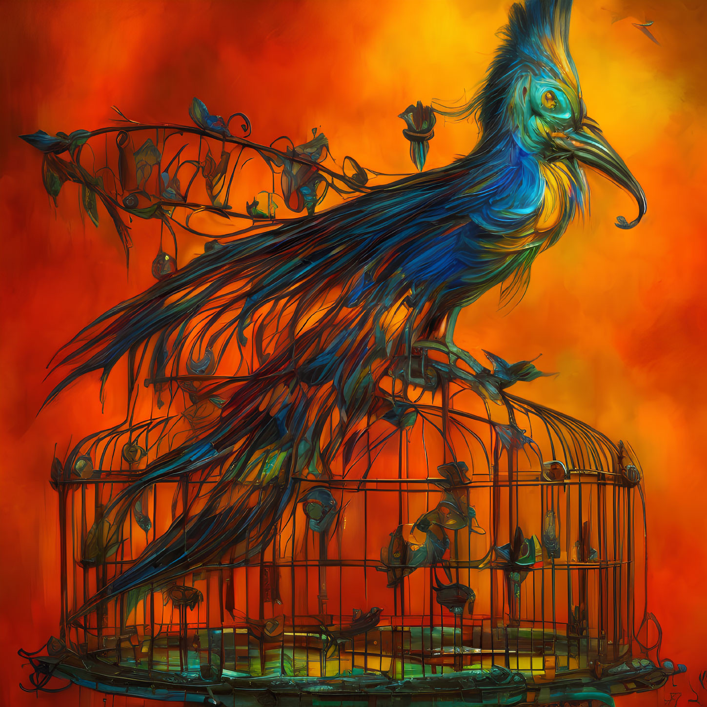 Colorful illustration of a blue bird on a birdcage with smaller birds, set against orange backdrop