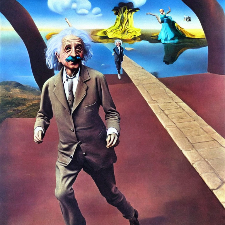Surreal painting of caricatured Albert Einstein walking