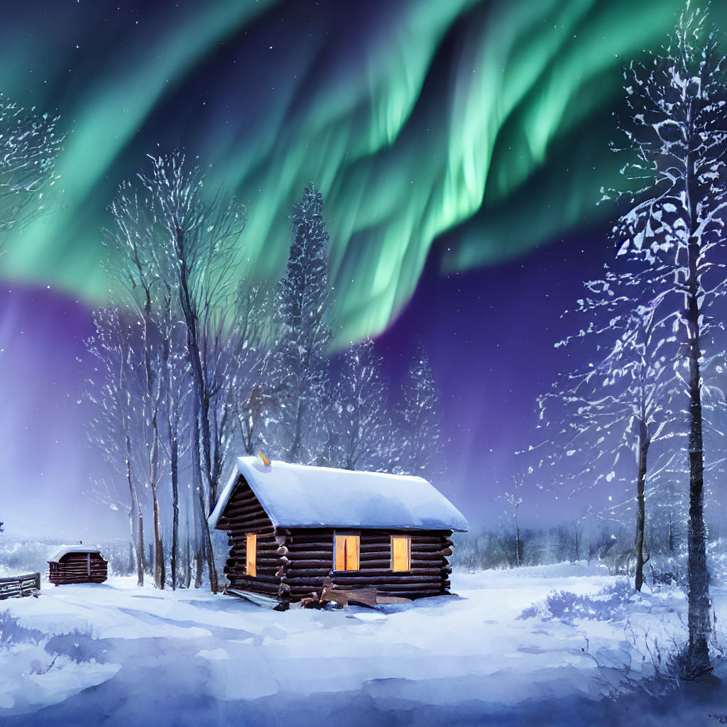 Snowy forest log cabin under mesmerizing aurora borealis