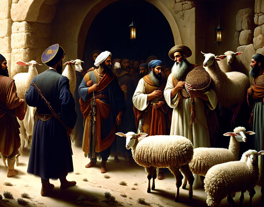 Men in traditional Middle Eastern attire converse in arched gateway at night with sheep and lantern.